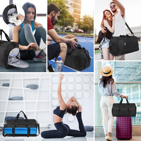 Sac de fitness pour hommes, noir, sac de sport, sac de sport, sac de sport avec compartiment à chaussures et compartiment humide, sac d'entraînement de fitness pour hommes et femmes, salle de sport/voyage/natation, 35 litres, noir