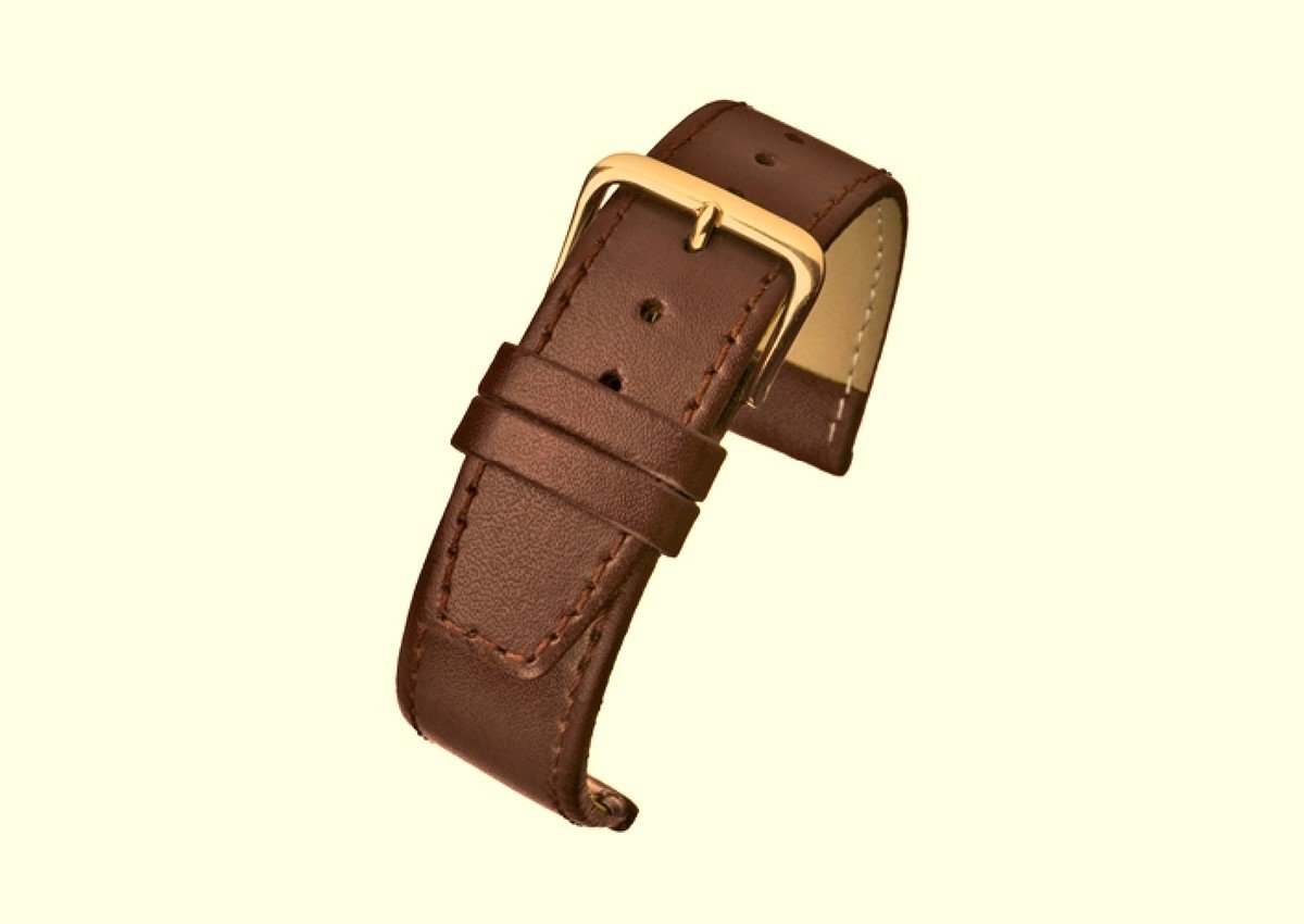 Horlogeband-horlogebandje-16mm-bruin-cognac-gestikt-echt leer-plat- goudkleurige gesp-leer-16 mm