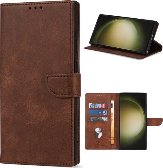 Geschikt Voor Samsung Galaxy S23 Ultra Hoesje - Solidenz Bookcase S23 Ultra - Telefoonhoesje S23 Ultra - S23 Ultra Case Met Pasjeshouder - Cover Hoes - Bruin