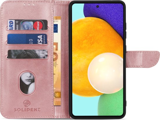 Roze, marmeren Solidenz bookcase met creditcardhouders, een foto-inzetstuk en een standaardfunctie.