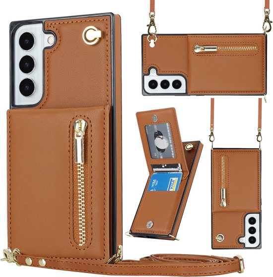 Wallet hoesje met koord geschikt voor Samsung S21 FE - Bruin