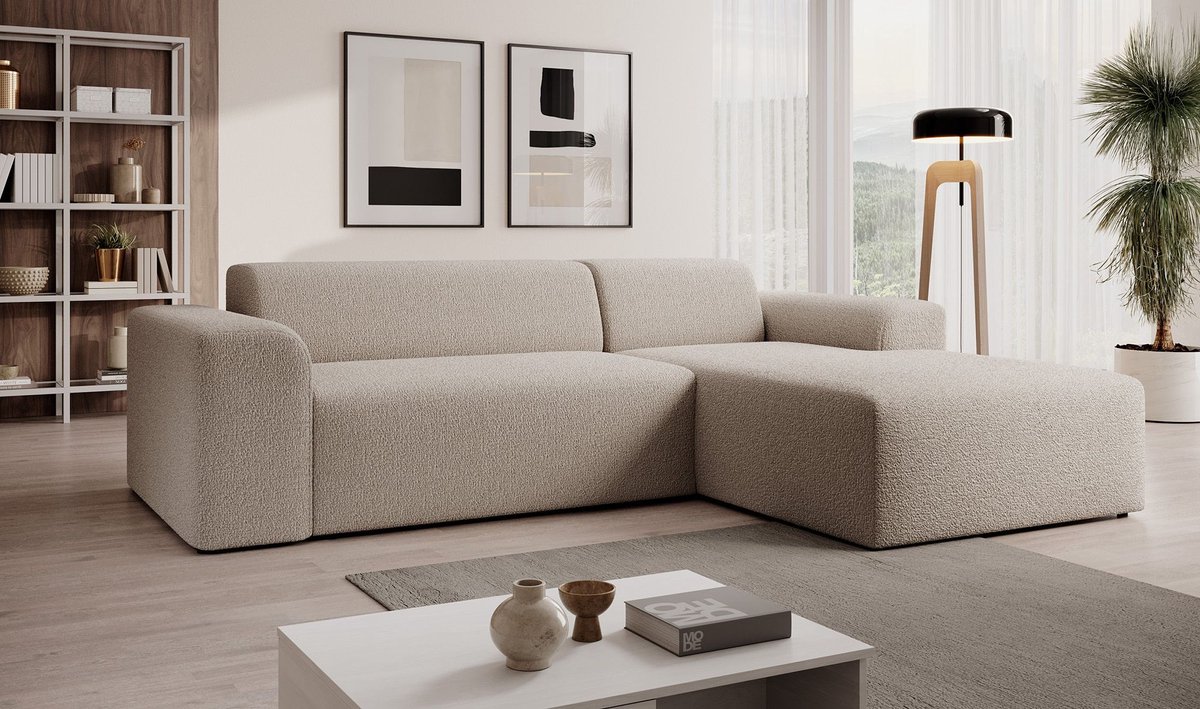 Meubella - Zamzi - Hoekbank 3-zits met chaise longue - Beige - Teddy boucle stof - Rechts