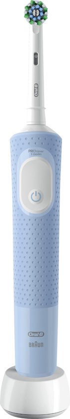 Blauwe Oral-B Vitality Pro elektrische tandenborstel met oplader, met een gedetailleerde productafbeelding.