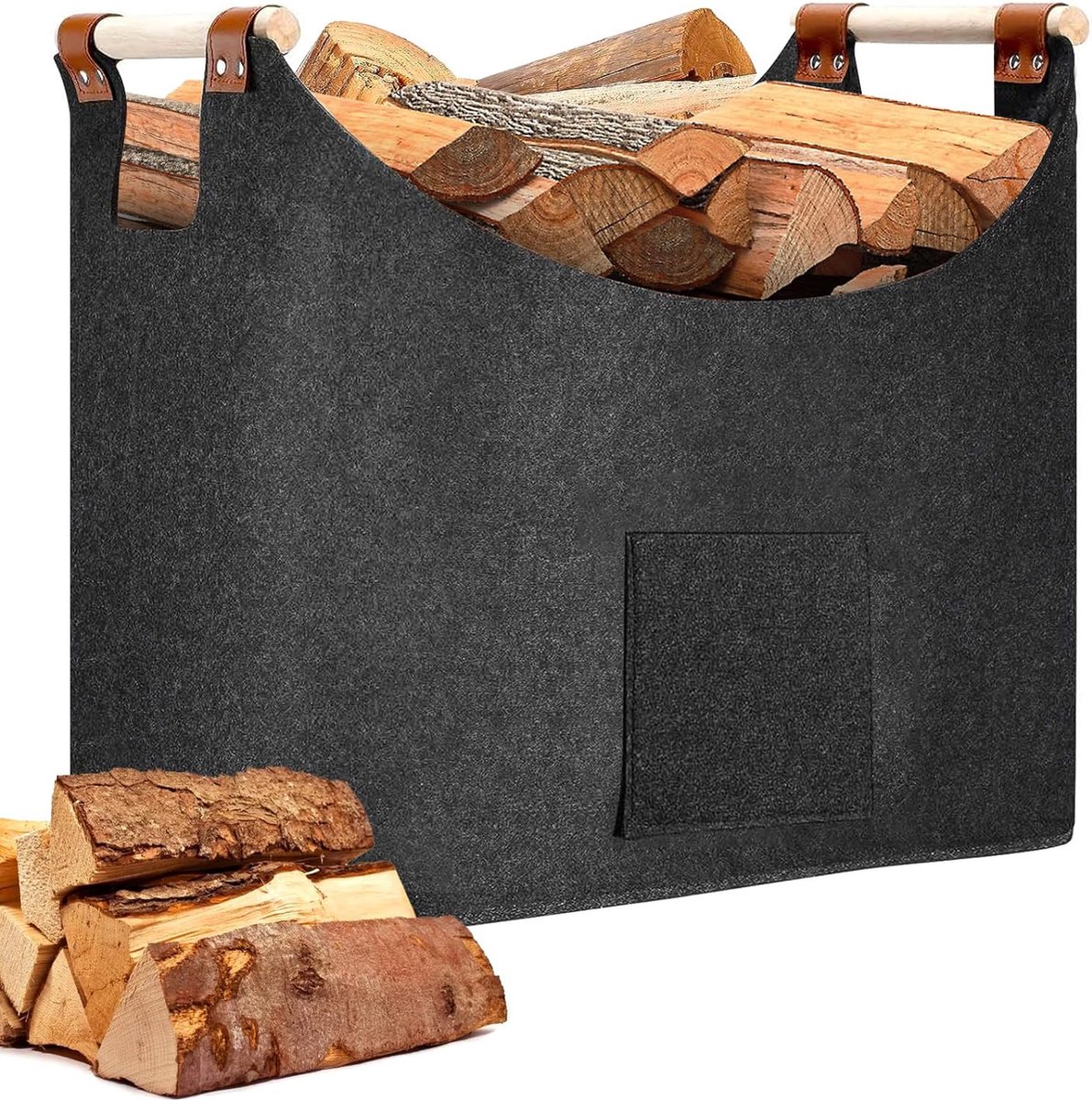 Felt Bag Firewood Basket, Foldable Wood Basket for Firewood, Storage Basket for Wood Firewood, Firewood Basket with Reinforced Wooden Handle for Shopping, Newspaper or Firewood, 45 x 32 x 40