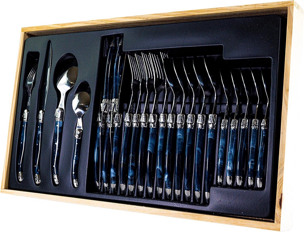 Laguiole Bestekset, 24-delig, blauw gemarmerde handgrepen