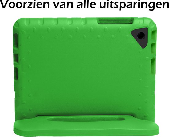 Achterkant van een groen kindvriendelijk tablet hoesje met standaard.