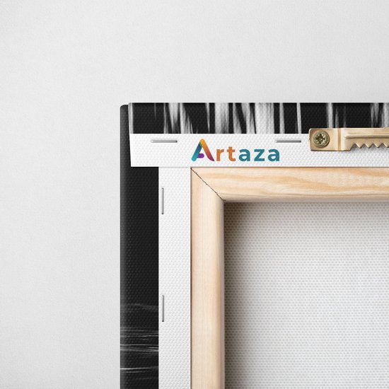 Arrière d'une toile peinte avec logo Artaza et système de suspension.