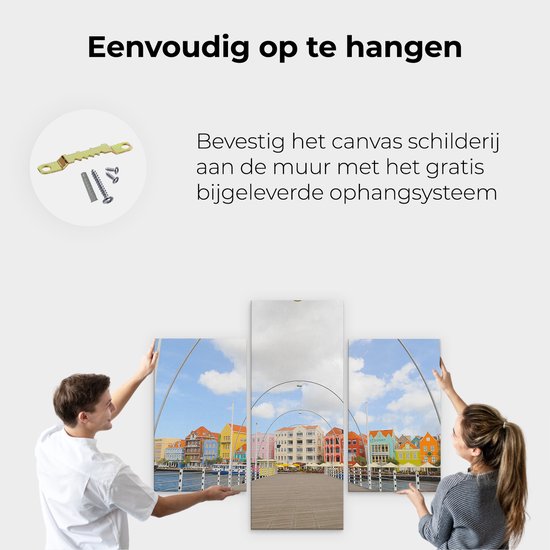 Artaza Peinture sur toile Triptyque Maisons colorées de Willemstad à Curaçao - 150x120 - Groot - Photo sur toile - Impression sur toile