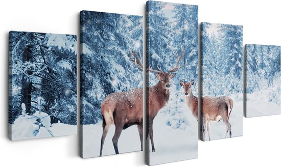 Artaza Peinture sur toile cinq pièces deux cerfs dans la forêt avec de la neige – 150 x 80 – Photo sur toile – Impression sur toile