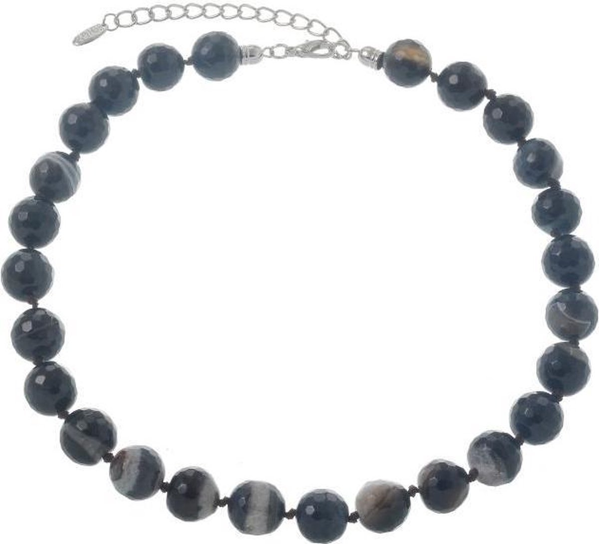 Behave - Handgeknoopte ketting met Agaat kralen, antraciet en zwart - 14 mm + 7,5 cm verlengketting