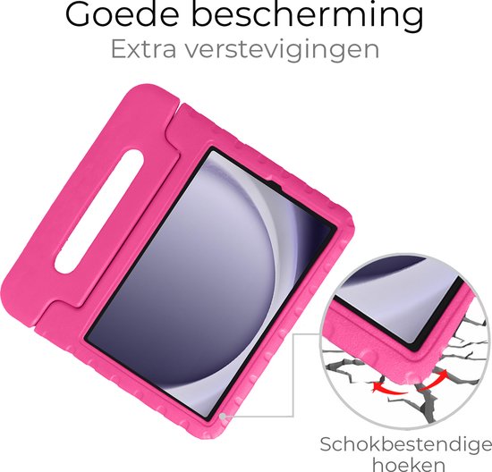Roze kindvriendelijke tablethoes met handvat en schokbestendige hoeken.