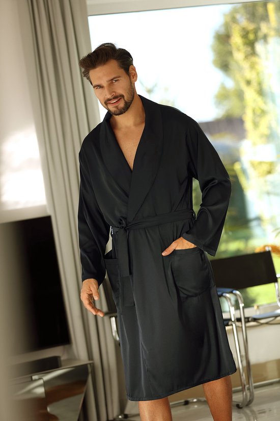 Elegante Satijnen kamerjas voor heren | Badjas Heren Volwassenen | DKaren Noah | Kwaliteit satijn | zwart | XL