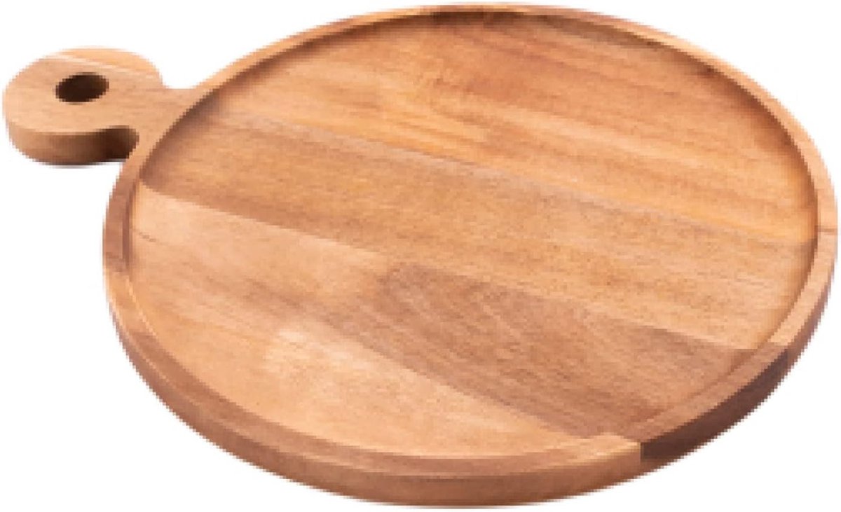 Serveerplank gemaakt van rond acaciahout met handvat, hamburgerplank, 25 cm.