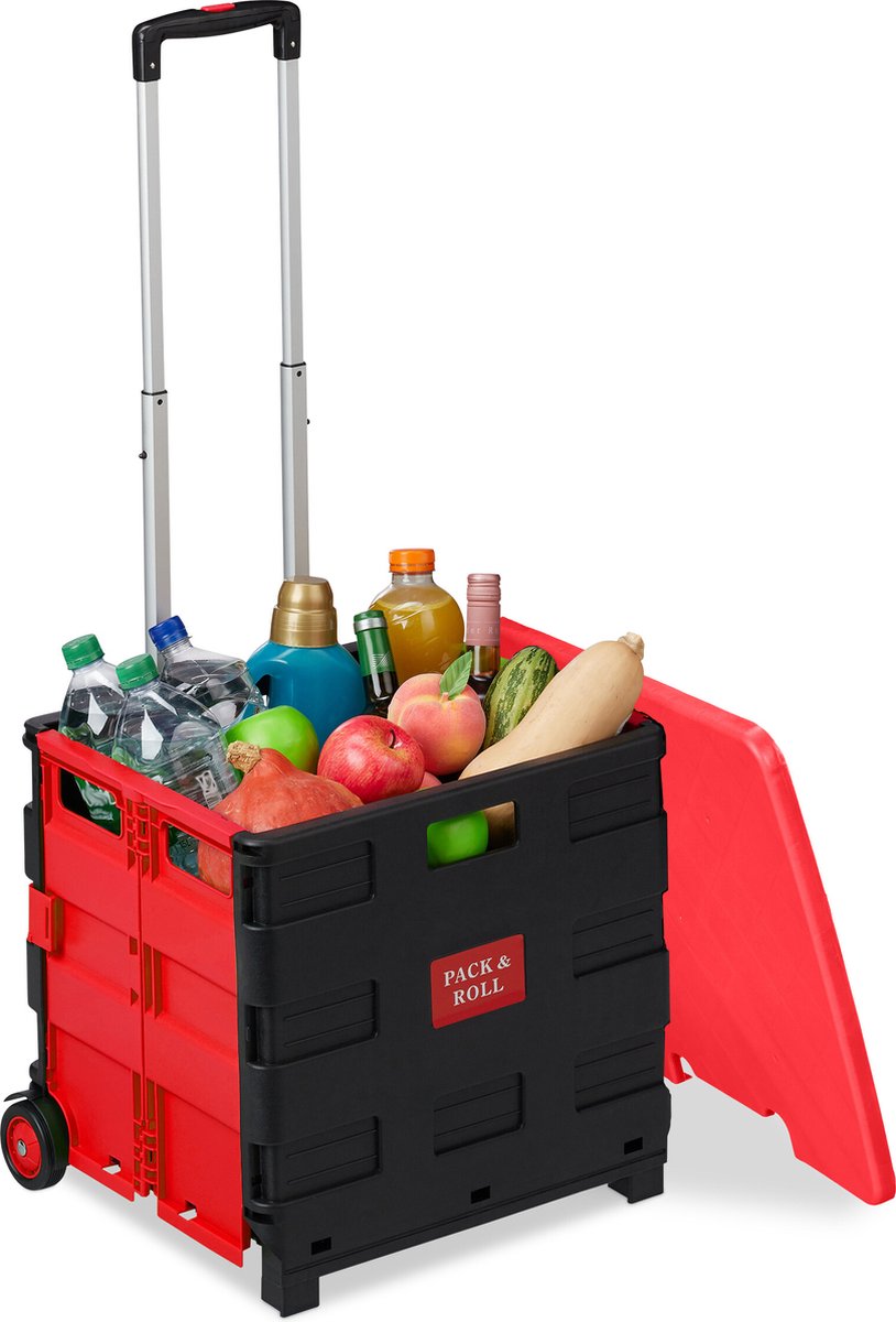 Relaxdays boodschappentrolley met deksel - inklapbaar - vouwkrat - 2 wielen - kunststof - rood