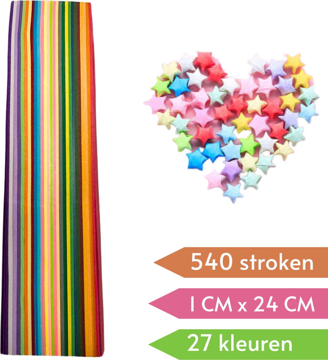 Knutselpapier - 540 stroken in 27 kleuren - 1CM x 24CM - Regenboog en Neon Papierstroken voor vouwen van Gelukssterren - Lucky Stars — afbeelding 5