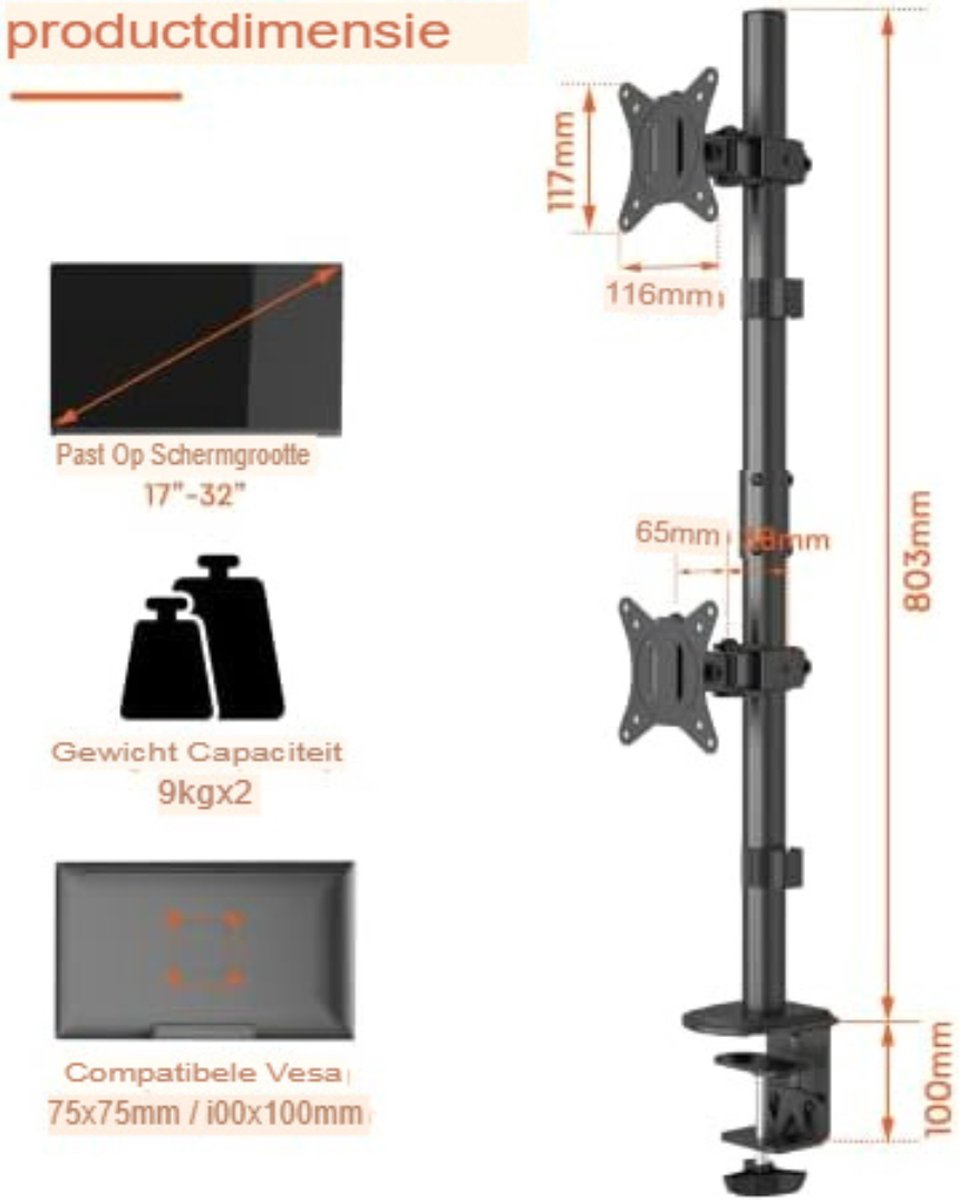 Gratyfied- Monitor Arm 2 Schermen- Monitor Arm 2 Screens- Laptop Arm Standaard- Laptoparm Standaard