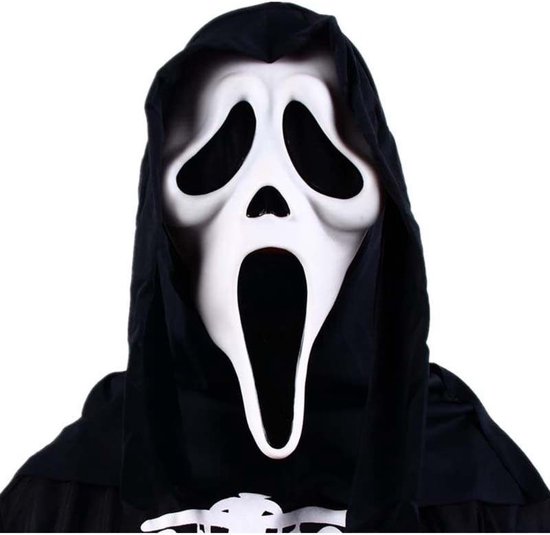 Wit Scream-masker met zwarte kap en bottenprint op de jurk.
