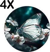 BWK Luxe Ronde Placemat - Witte Vlinder op Witte Bloemen in een Donkere Omgeving - Set van 4 Placemats - 50x50 cm - 2 mm dik Vinyl - Anti Slip - Afneembaar