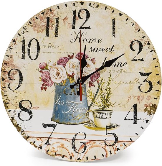 Horloge murale en bois de 30 cm/horloge de cuisine de style campagnard silencieuse sans tic-tac pour cuisine, bureau à domicile, salon et chambre (Cafe & Fleurs)