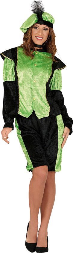 Groen en zwart Pietenpak voor dames, bestaande uit een vestje met pofmouwen, broek en baret met veer. Goudkleurige bies.