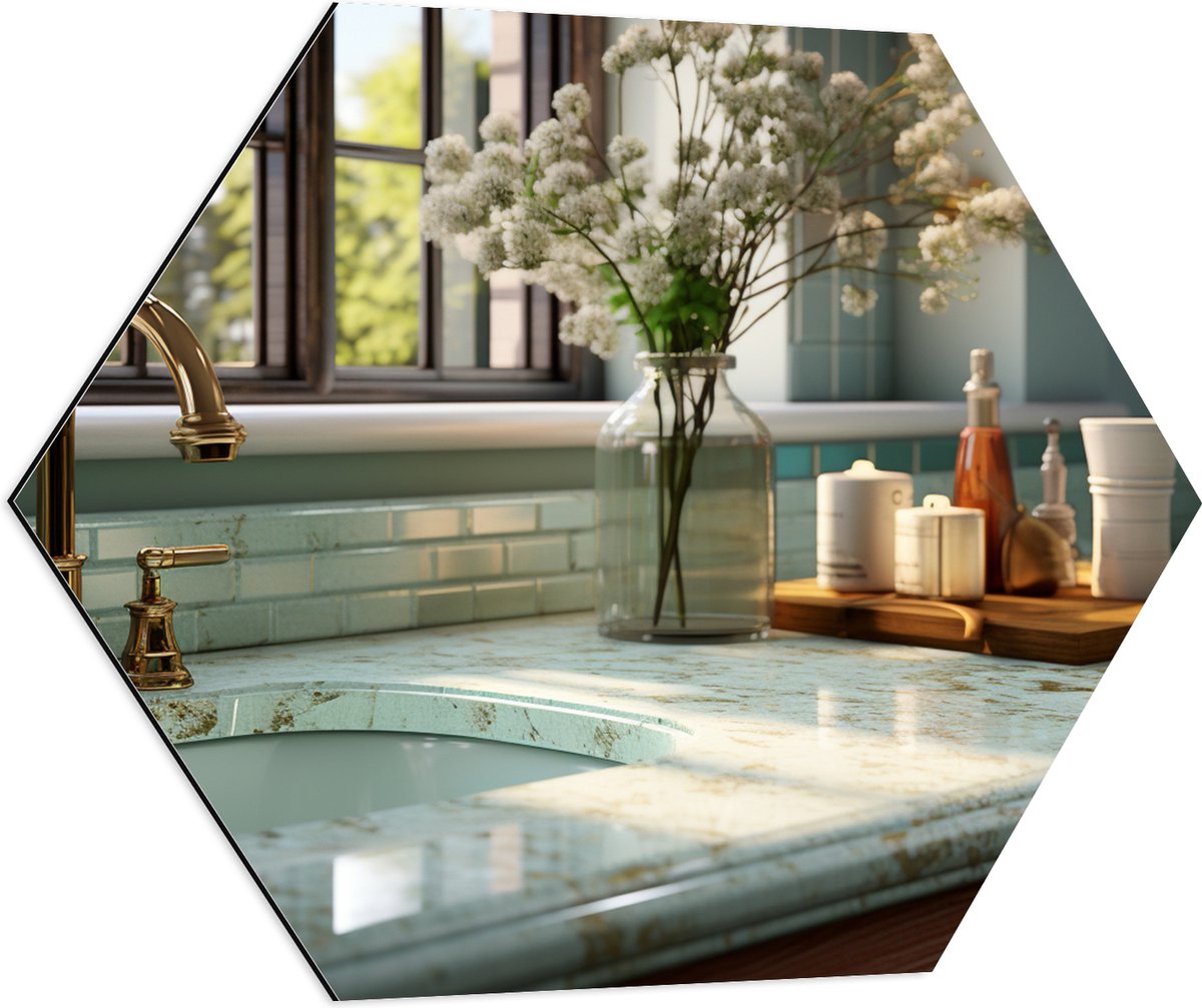 Dibond Hexagon - Keuken - Aanrecht - Wasbak - Bloemen - Raam - Kraan - Marmer - Goud - 80x