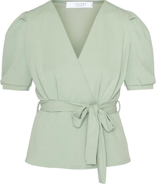 Chemisier portefeuille vert pâle avec manches bouffantes, col en V et ceinture à nouer.