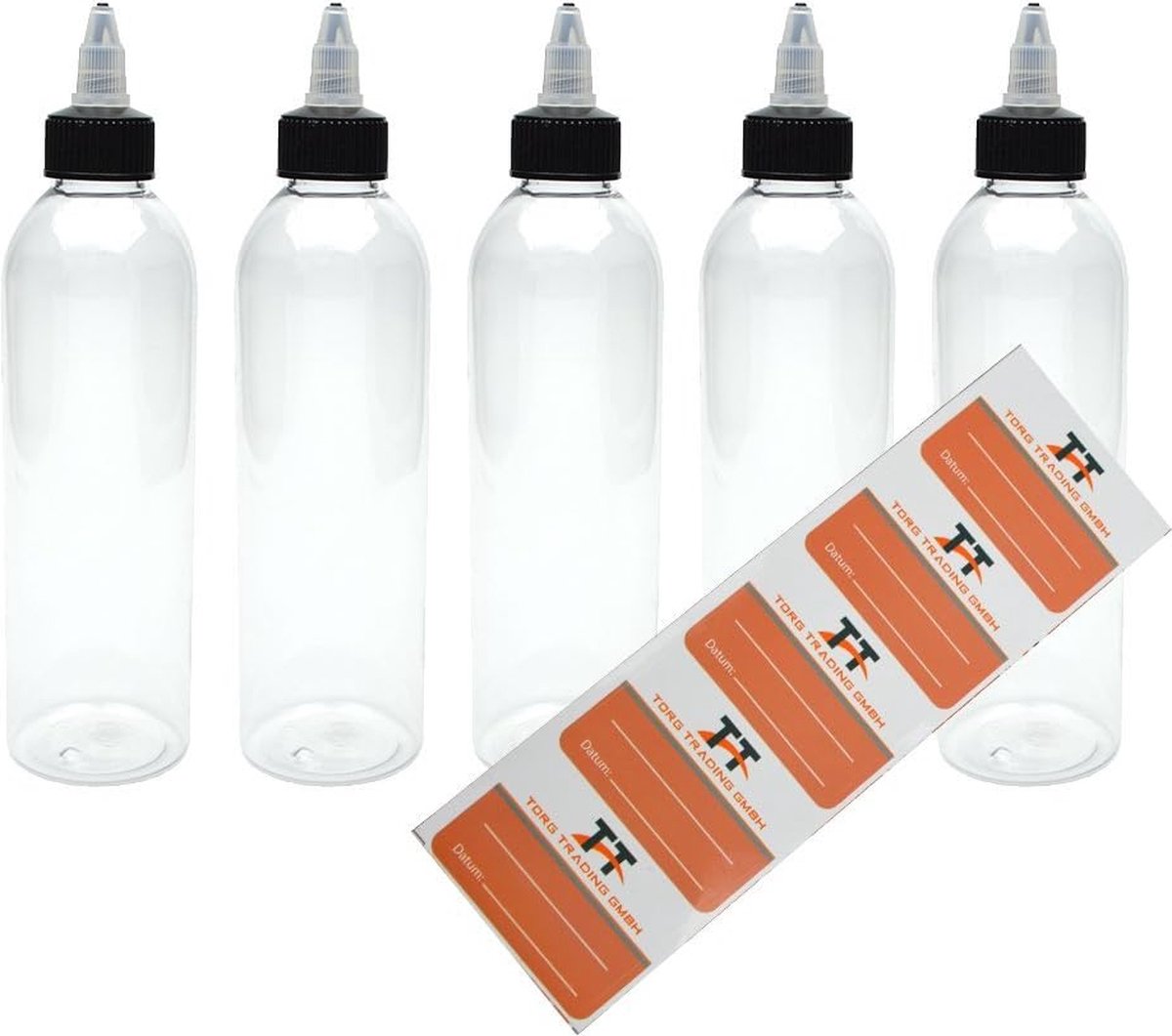 Image of 5 x 250 ml kunststof flessen van PET met twist-off deksel, incl. 5 etiketten, twist-cap, lege fles, twist top, sausflessen, doseerflessen, ketchupflessen, sausflessen