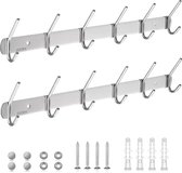 Garderobehaken, 2 stuks haaklijst, kledinghaken, muur met 6 haken, garderobelijst roestvrij staal van SUS304, garderobehaken voor keuken, kantoor, badkamer, tot 30 kg (zilver)