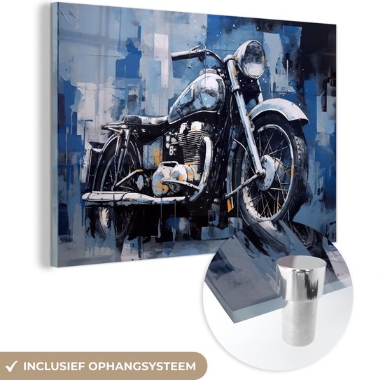 MuchoWow® Glasschilderij 60x40 cm - Schilderij glas - Motor - Bike - Blauw - Pastel - Foto op acrylglas - Schilderijen