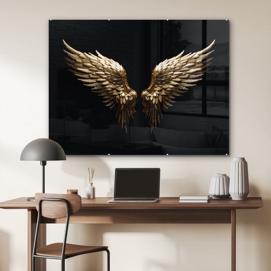 MuchoWow® Glasschilderij 120x90 cm - Schilderij acrylglas - Vleugels - Engel - Goud - Zwart - Abstract - Foto op glas - Muurdecoratie woonkamer - Wanddecoratie slaapkamer - Schilderijen