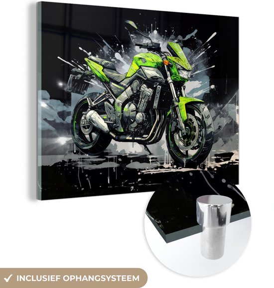 MuchoWow® Glasschilderij 120x90 cm - Schilderij glas - Motor - Bike - Groen - Zwart - Grijs - Graffiti - Foto op acrylglas - Schilderijen