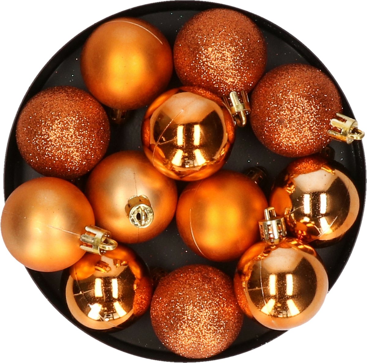 Krist+ kleine kerstballen - 12x - oranje - kunststof - 4 cm - mat/glans/glitter