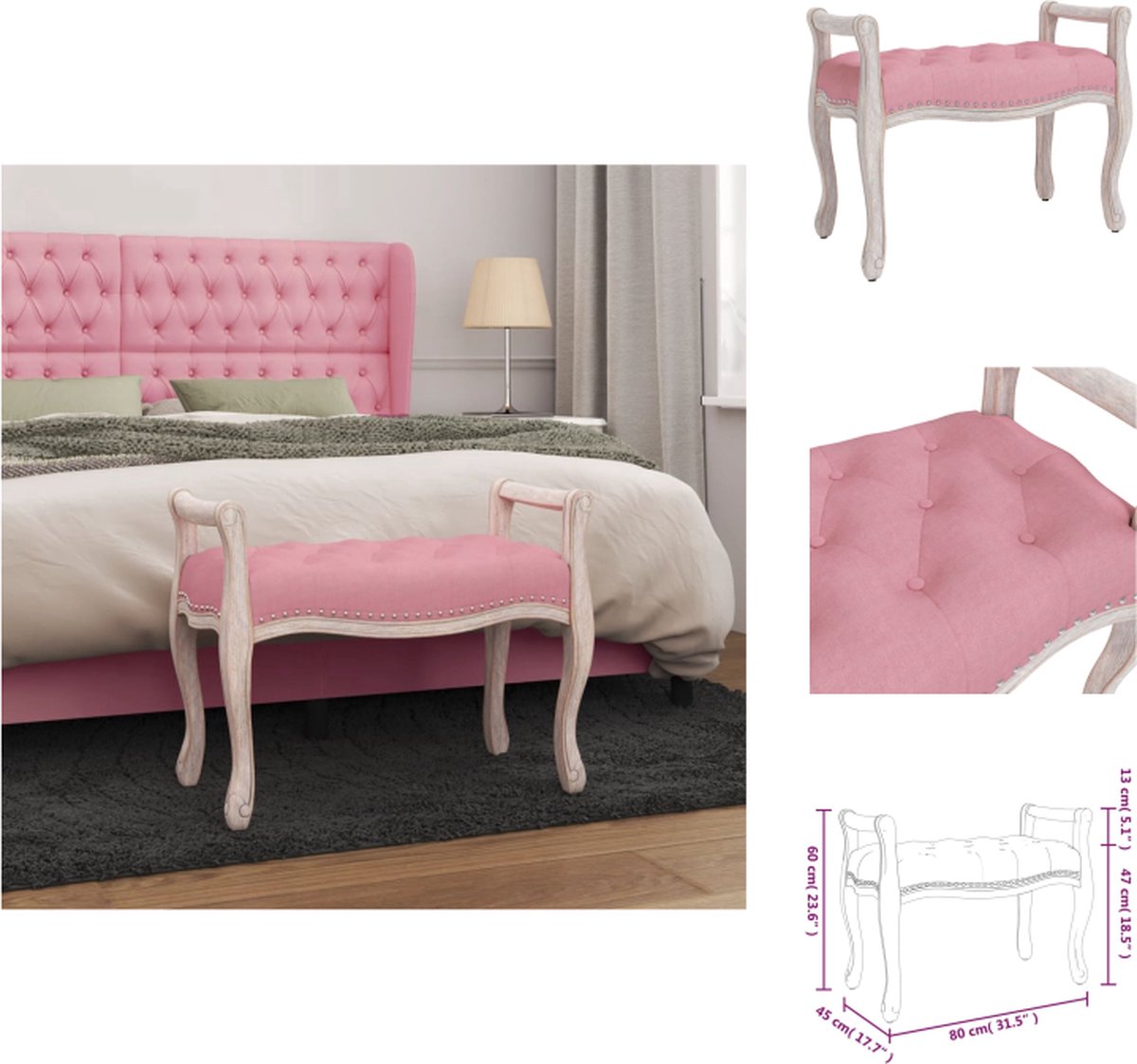 VidaXL Vintage Fluwelen Halbankje 80 x 45 x 60 cm Roze Tuinbank