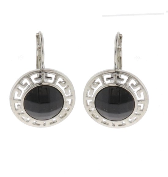 Behave Oorbellen - oorhangers - vrouwen - rond - zilver kleur - zwarte steen - 3.5cm