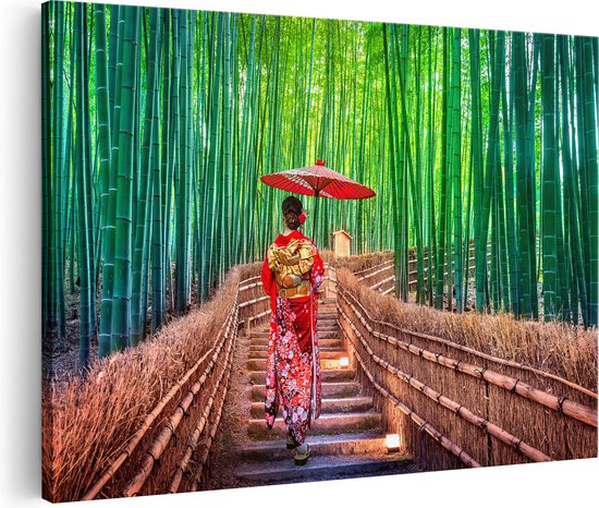 Artaza Canvas Schilderij Japanse Vrouw in het Bamboebos - 120x80 - Groot - Foto Op Canvas - Wanddecoratie Woonkamer