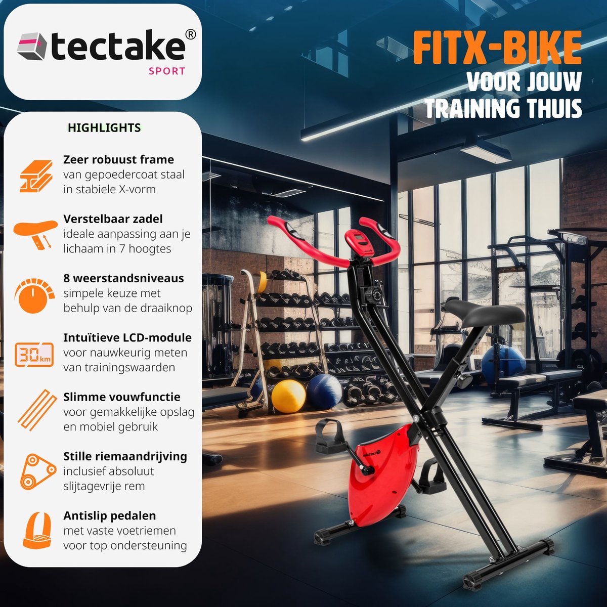 Afbeelding 2 van tectake® - Hometrainer fitnessfiets fiets - Ruimtebesparend - Opvouwbaar - Met computer - In hoogte verstelbaar - Met 8 weerstandsniveaus - Homegym