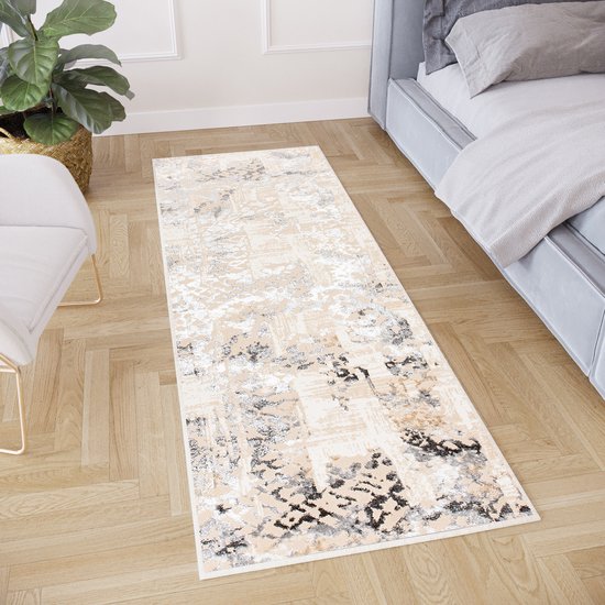Tapiso Crystal Loper Tapijtloper Beige Lichtgrijs Laagpolig Vloerkleed Maat- 70x950