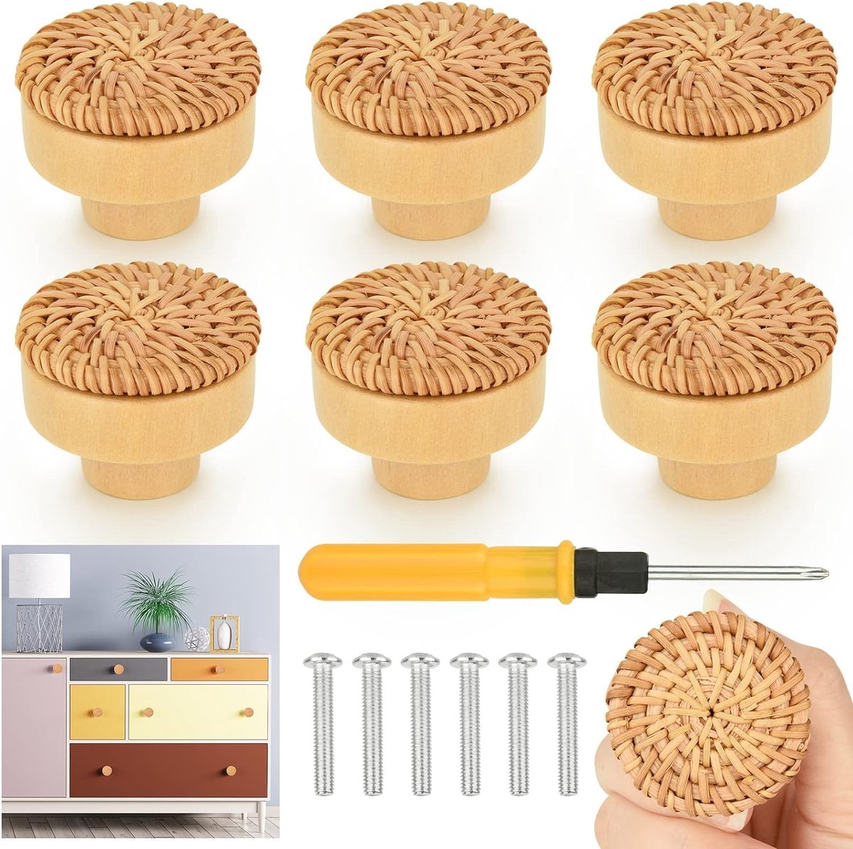 Pakket Van 6 Rotan Meubelknoppen Natuurlijke Kastknoppen Met Schroeven pakket-van-6-rotan-meubelknoppen-natuurlijke-kastknoppen-met-schroeven