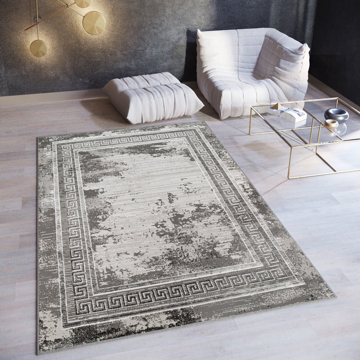 Tapiso Ares Vloerkleed Grijs Laagpolig Woonkamer Frame Oriental Tapijt Maat- 160x220 Donkergrijs