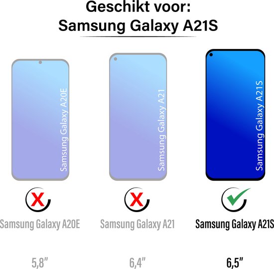 Afbeelding met de tekst "Geschikt voor: Samsung Galaxy A21S" en illustraties die de compatibiliteit tonen.