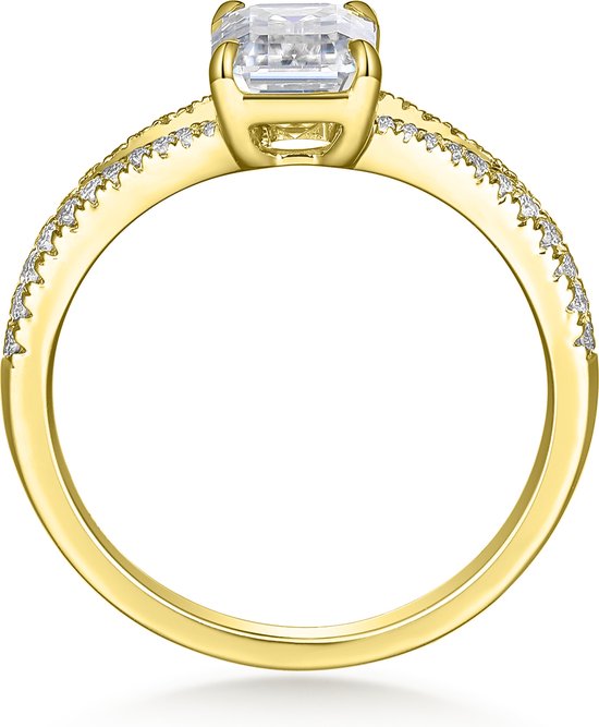 Emelise - 18k Geelgouden Smaragd Geslepen Moissanite Ring met Split- 18k GeelgoudenShank en Zijstenen - 1 karaat