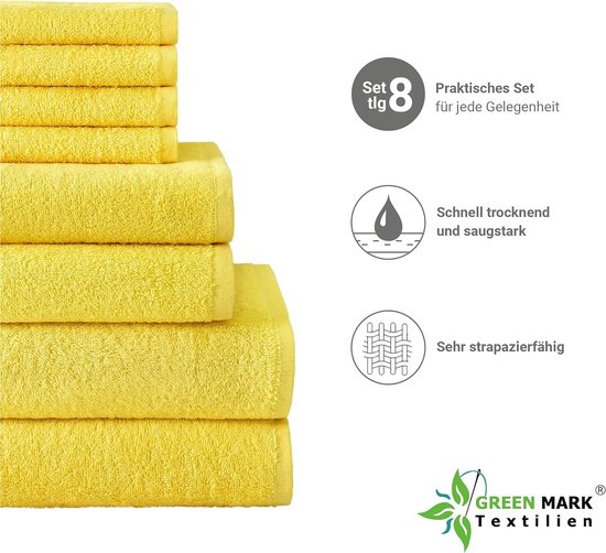 Handdoekenset, 8-delig, badstof, in verschillende maten, 4 gastendoekjes, 2 handdoeken, 2 douchehanddoeken, kleur: geel, 100% katoen