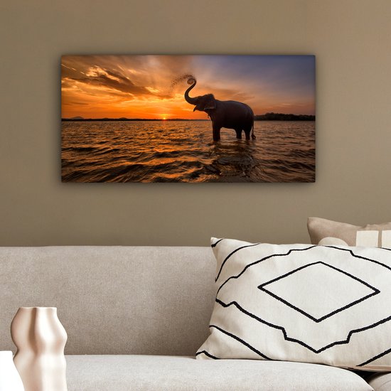 Toile - Éléphant - Coucher de soleil - Water - Décoration murale - 40x20 cm - Peintures sur toile - Toile canvas