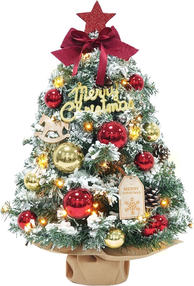 Mini-kerstboom met ledverlichting, kleine kerstboom, kerstdecoratie (60 cm, rood en goud)