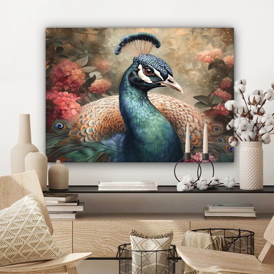 Tableau sur toile Paon - Vogel - Fleurs - Plantes - Plumes de Paon - 80x60 cm - Décoration murale