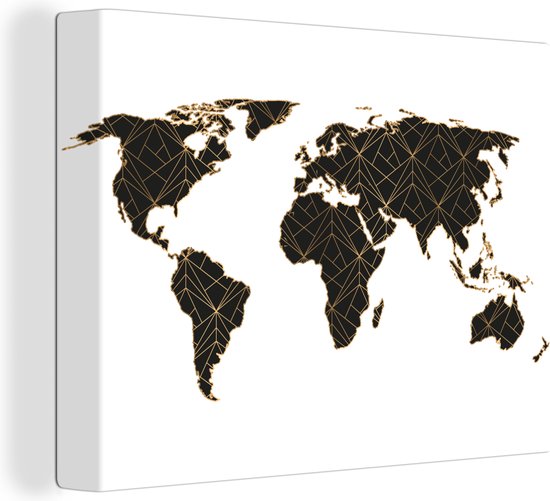 Canvas Wereldkaart - 40x30 - Wanddecoratie Wereldkaart - Lijnen - Goud