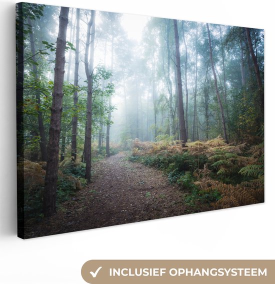 Canvas Schilderij Bos - Mist - Pad - 120x80 cm - Wanddecoratie