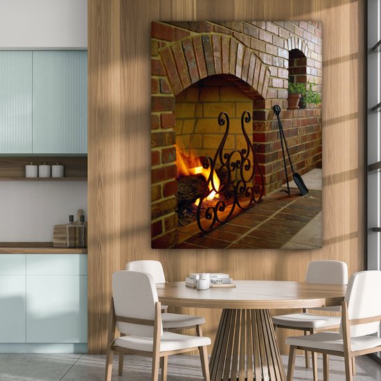 Feu dans une cheminée 120x160 cm - Tirage photo sur toile (Décoration murale salon / chambre) XXL / Grand format!
