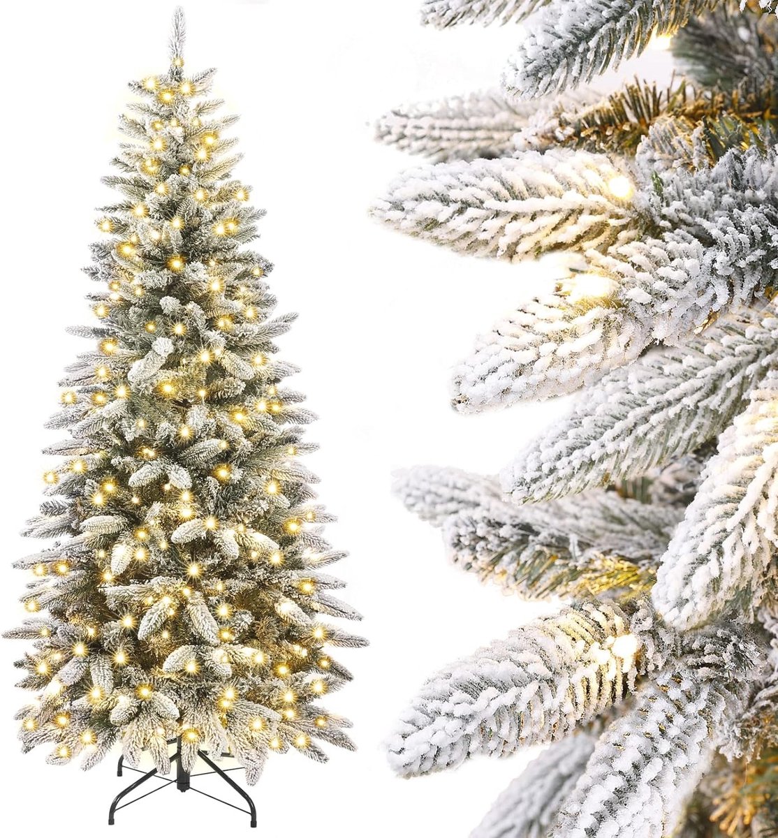 Kunstkerstboom dun met LED-verlichting kerstdecoratie sneeuwvlokken kerstboom dun wit 210cm