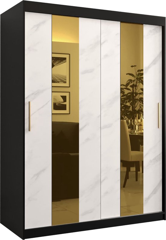 Zweefdeurkast met spiegel Kledingkast met 2 schuifdeuren Garderobekast slaapkamerkast Kledingstang met planken (LxHxP): 150x200x62 cm - Denlo P (Zwart + Wit, 150)